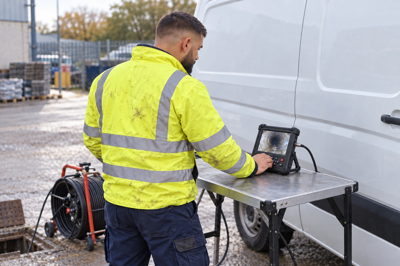 Adam in high-visibility workwear: Equipment for clearance and inspection