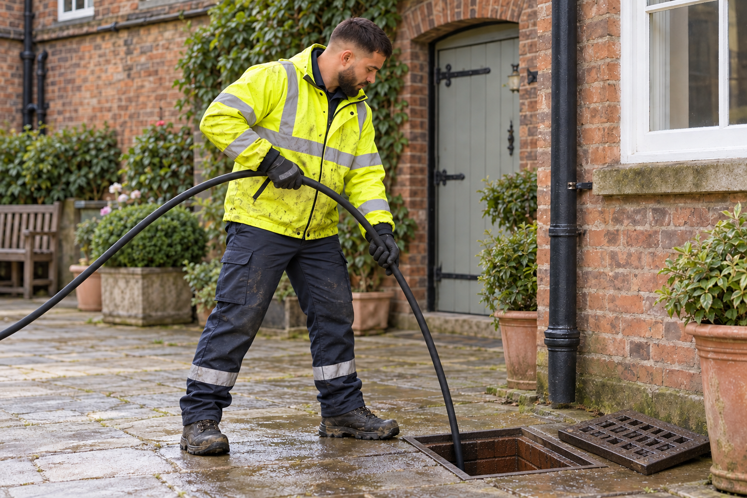 Adam in high-visibility workwear using a drain jetting hose
