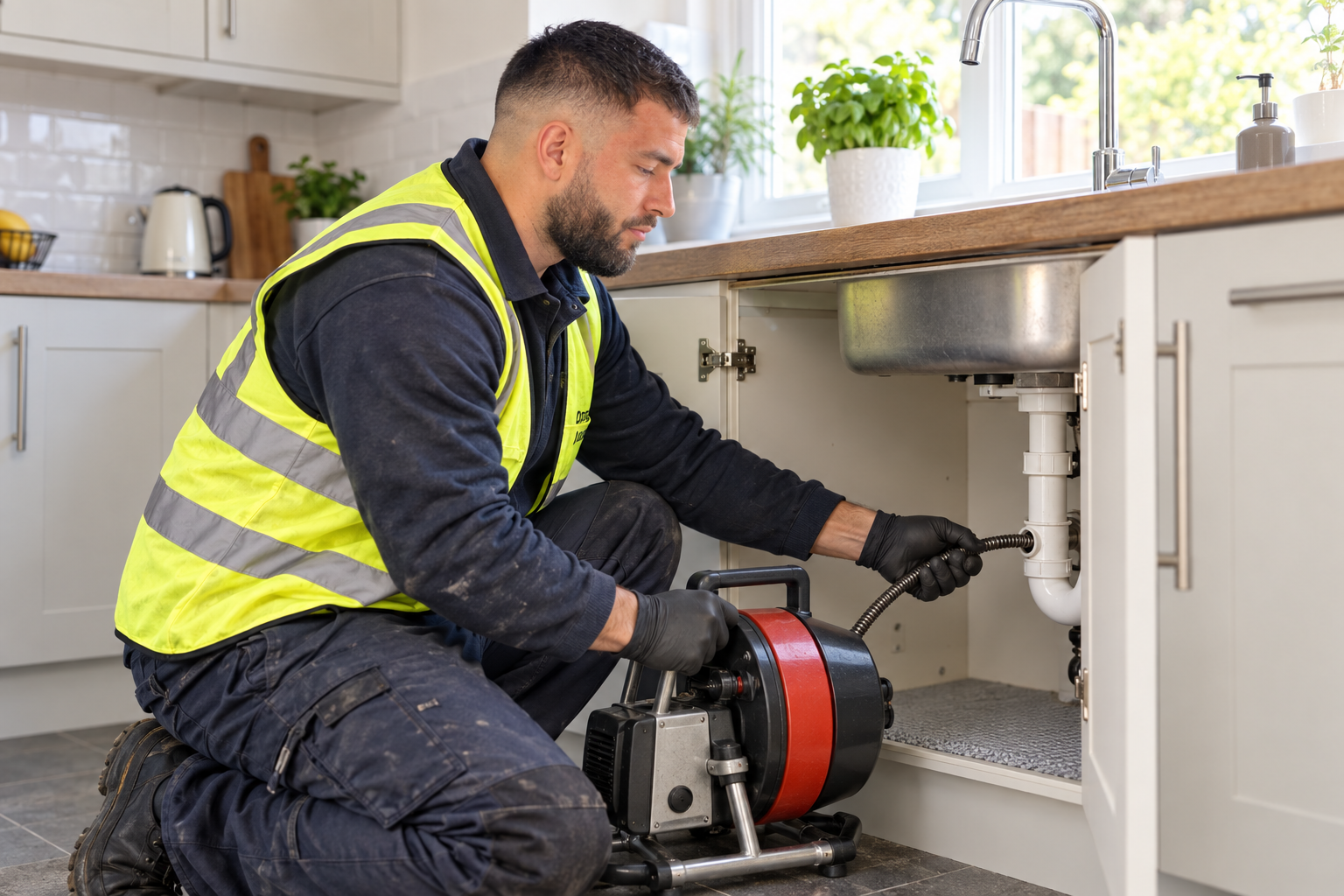 Adam in high-visibility workwear clearing an indoor sink waste pipe